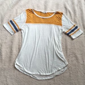 White t-shirt, rugby style, blue & mustard detail